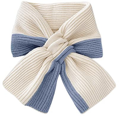 LumiSyne Winter Gestrickte Schals Damen Zweifarbiger Farbblock Gestrickt Gerippt Schleife Weiche Schal Kragen Nackenwärmer Schal Halstücher (Blau Beige)