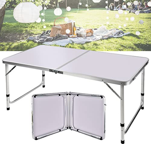 Camping Tables that Fold Up 4FT Folding Picnic Camping Table, Lightweight Adjustable Height 55-70cm Aluminium Foldable Portable Trestle Dining Table w/Carry Handle for Indoor Outdoor Garden BBQ Party