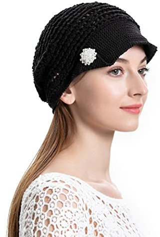 ZLYC Damen Sommer Slouchy Häkelmütze Visoren Handgemacht Häkelmütze Visor(Festes Schwarz)