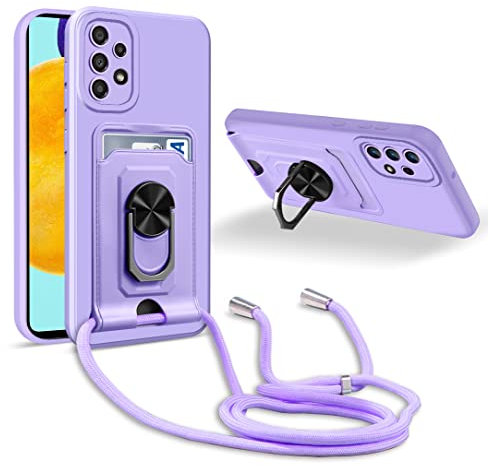 JMstore Handykette Schutzhülle Kompatibel mit Samsung Galaxy A52 4G/5G/A52s 5G,360° Ring Ständer magnetisches Eisenblech+Kartenfach Kameraschutz Stoßfester Silikon hülle-Lila