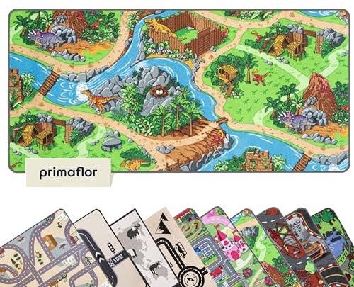 Primaflor Spielteppich mit Dino-Design - Spielteppich für Kinder 95 x 133 cm - pflegeleichter Kinderteppich mit Straßen