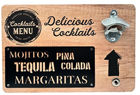 Décapsuleur mural en bois avec décapsuleur en métal et porte-capsule magnétique (Delicious Cocktails)