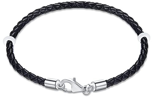 17cm Black Braided Leather Bracelet with 925 Silver Lobster Clasp, Handmade Woven Genuine Leather Cord Bracelet fit Pandora Charms Beads, for Making Christmas Beads Bracelet Bangle
