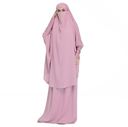 DOTBUY-SHOP Muslimisches Kleid Damen Einfarbig Zweiteiliger Muslim Lange Robe mit Hijab Naher Osten Dubai Arab Islamischer Ramadan Sommerkleid Gebetskleidung Abaya für Frauen
