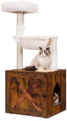 Hey-brother Cat Tree with Litter Box Enclosure, All-in-one Cat Tower for Indoor Cats with Large Hammock, Bed, Food Station, Scratching Posts, Modern Style Pet Furniture, Rustic Brown MPJ100SR