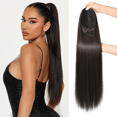 REECHO Pferdeschwanz Haarverlängerung, 71 cm langes gerades Kordelzug Pferdeschwanz Haarverlängerung Synthetischer Pferdeschwanz - Schwarz Braun