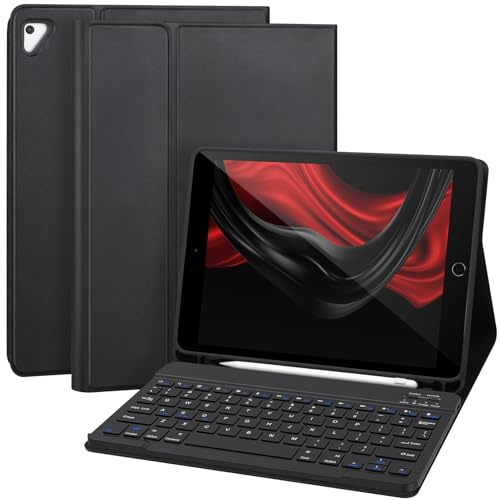 APHBZGE Étui avec clavier pour iPad 6/5e génération 2018/2017, étui avec clavier Bluetooth amovible pour iPad Air 2/1, étui clavier iPad 9,7 avec porte-crayon, touches carrées, noir