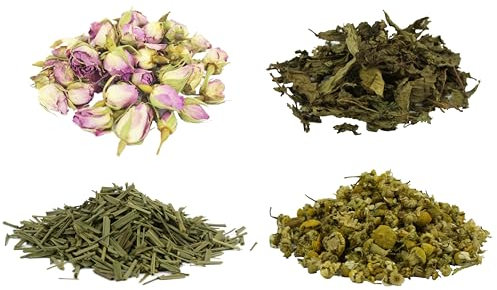 1000Kräuter 4er Blütenset getrocknete Blütenblätter Blumen Kräuter Blüten für Deko Seife Kerzen DIY Badekugeln Rosenknospen Lemongras Minze Kamille (4er Blütenset 2)