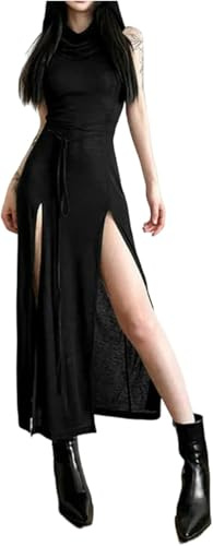Dunkle Gothic-Kleider mit Kapuze, aushöhlen, Midi-Kleid, Damen, sexy, Geteilte Seite, solide Streetwear M