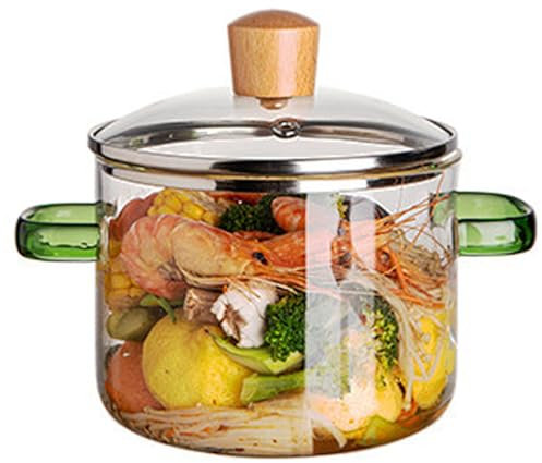 Pots transparents pour la cuisson, pot de cuisson en verre, 1,6 L à deux poignées en verre micro-ondes à mijotage à la chaleur, pots en verre pour cuisiner la bouillie de lait, poignée verte