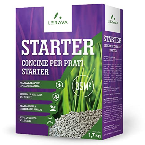 LERAVA STARTER abono cesped - favorece el crecimiento de las raíces - se combina con semillas de césped - no quema - cesped natural - refuerza la resistencia de las plantas - abono para cesped - 15m²