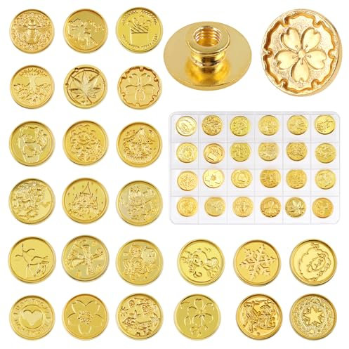 Tanstic 24Pcs Wax Seal Stamp Set, Vintage Brass Sealing Wax Stamps Heads, Flower Plant Wax Stamp Heads for Wedding Invitation Greeting Cards Envelopes(Handle Not Included)