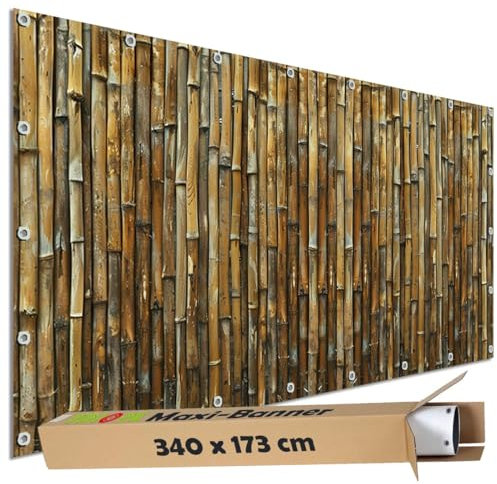 TRIOSK Sichtschutz Garten Dekoration Plane groß mit Motiv Bambus Stäbe Zaun Optik Motivbanner Blickdicht für Terrasse Gartenzaun Gartenposter PVC Zaunblende 340x173 cm Braun
