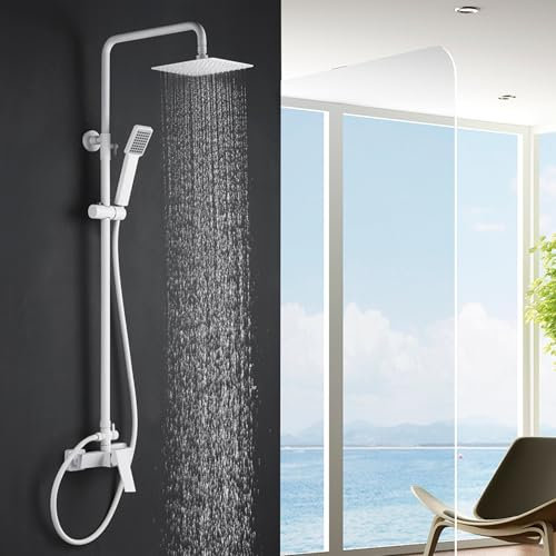 IMEX - Columna Ducha Blanca con Grifo | Kit de Ducha con Alcachofa y Rociador Antical | Griferia en Latón y Acero Inox S.304 con Barra Extensible | Serie Art