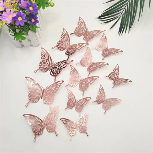 Ueiwffzo 60er 3D Schmetterling Wandaufkleber Metallic Wandtattoo für Wohnzimmer Kinder-Zimmer Mädchen Küche Fenster Möbel Hochzeit Party Deko (Roségold)