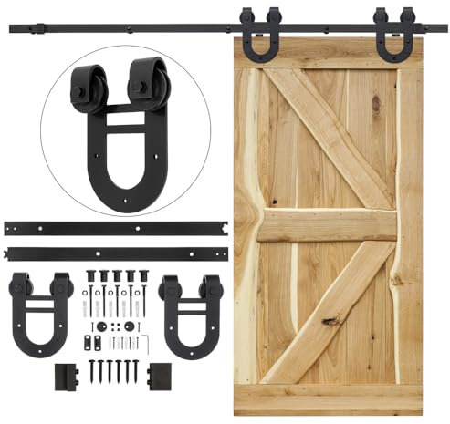 SEART Schiebetürsystem Kompletter Schiebetürbausatz Schiebetürbeschlag mit Bodenführung Laufschiene aus Stahl Türbreite ca. 100 cm PODKOWA-SPK 200cm Wandführung für einflügelige Türen schwarz