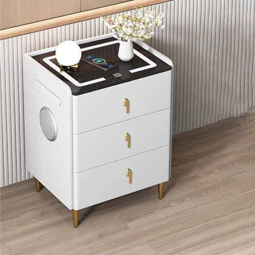 Narrow Bedside Table with Charging Station, Bedside Table with Drawers Wood, 3 Color LED Lights and Speaker Modern Wooden End Side Table, Suitable for Office (Color : White, Size : 45cm)