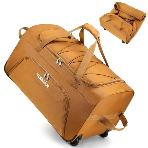 TUGUAN 110L Soft Luggage with Spinner Wheels, Foldable Large Rolling Travel Suitcase, Carry-On Check Luggage, 28'' Collapsible Wheeled Holdall for House Moving, Storage Duffle, Brown