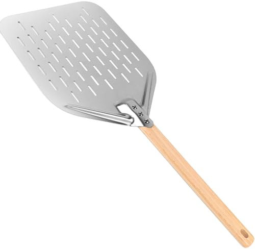 RHAFAYRE Pala de pizza perforada, pala de pizza de aluminio de 12 pulgadas, espátula antiadherente para pizza, pala de metal con mango de madera