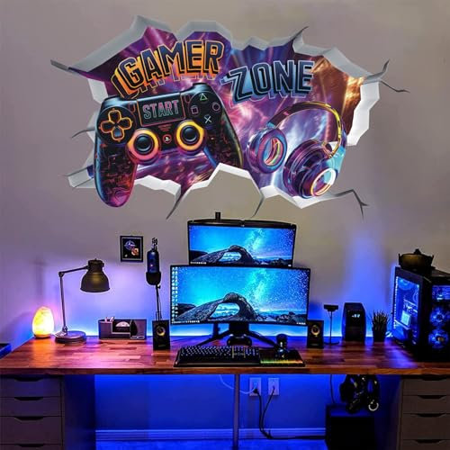 TOARTi Gamer Zone 3D Wall Stickers for Gamer Bedroom Accessories,Gaming Vinyl Wall Decal,Gaming Wall Stickers,Video Game Removable Wall Art playroom Decor for Teens(Purple)