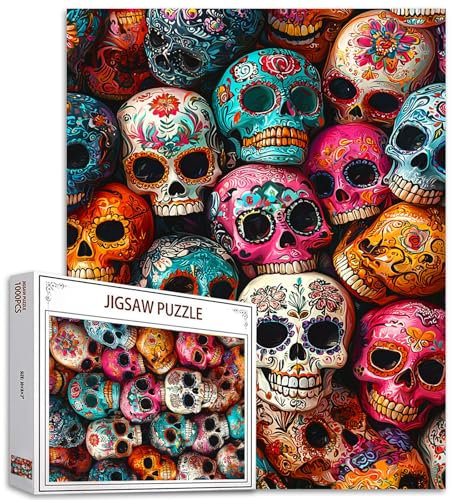 Tucocoo 1000 Piece Jigsaw Puzzles for Adults Pile of Sugar Skulls Puzzle Day of The Dead Colorful Skeleton Art 1000 Pieces Puzzles for Challenging Family Activity Game DIY Puzzle Wall Decor Gifts