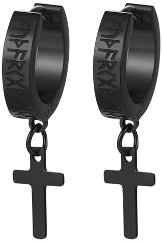 JewelryWe Wikinger Rune Kreuz Ohrringe: Schwarz Edelstahl Nordische Viking Runen Creolen Huggie Ohrringe mit Baumelnde Kreuz Anhänger Vintage Punk Ohrstecker Ohrschmuck für Herren Damen