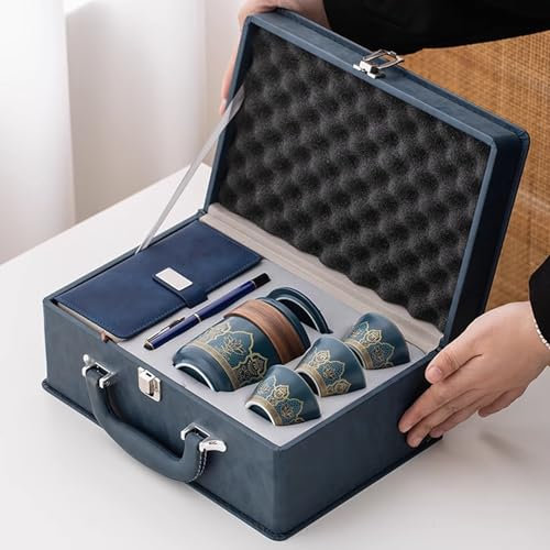 Set da tè da viaggio cinese con teiera e tazza da tè, set da tè blu giapponese per adulti, servizio da tè vintage in porcellana per regali da uomo, con borsa da viaggio p,Blue-leather bag style