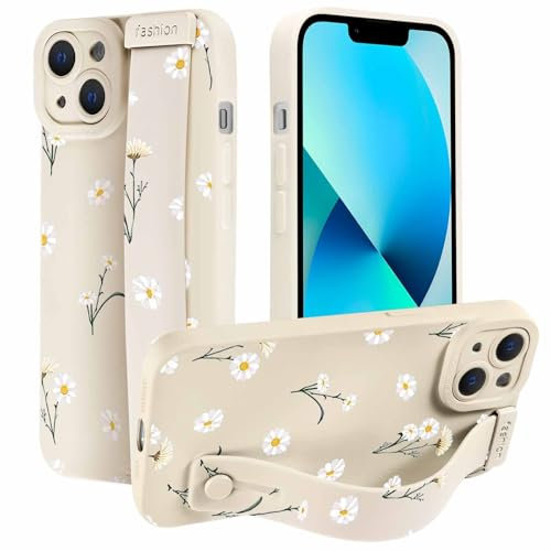 Foonary Beige Daisy Flowers Phone Case for iPhone 13 6.1 with Wrist Strap Stand,Floral Aesthetic Patterns Cases, Hand Holder Protective Cover for Women Girls with Finger Grip,for iPhone13
