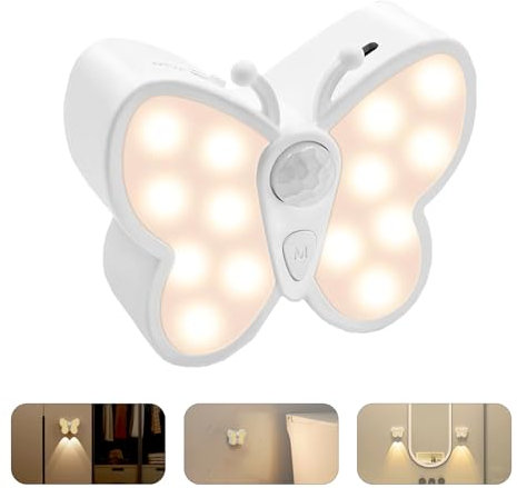 Deyagoo Nachtlicht mit Bewegungsmelder, Schmetterling LED Nachtlampe mit Strahler USB Wiederaufladbar, Stufenloses Dimmen Schrankbeleuchtung Treppenbeleuchtung für Treppe,Flur,Badezimmer, Kinderzimmer