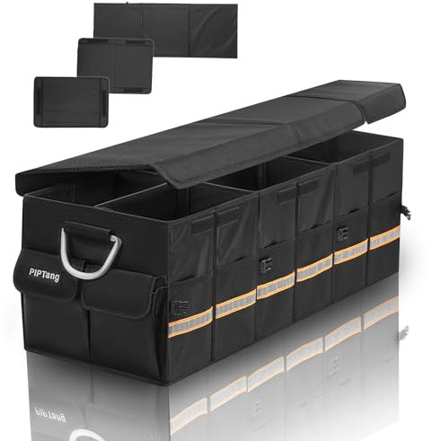 PIPTang Trunk Organiseur de rangement avec couvercle, 90 cm XL 100 l, pliable, petit organiseur de voiture, poignée en aluminium, accessoires de voiture pour Sedan, SUV, camion, minivan, route, noir