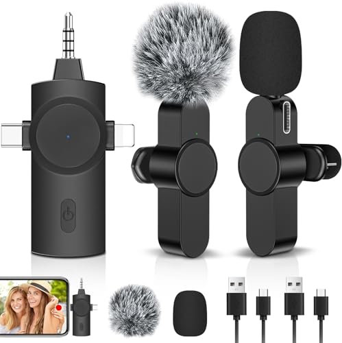 LIUWID Microfono Wireless 3 in 1 per Fotocamera, IOS Phone, Android e Laptop,Microfono Lavalier Wireless Plug-play Mini Microfono con Cancellazione Intelligente del Rumore (Nero-1)