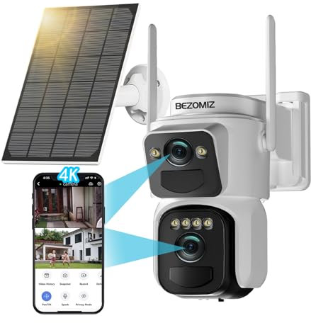 4K Telecamera Wi-Fi Esterno Senza Fili Solare con Doppia Lente, 360° PTZ Videocamera Sorveglianza Esterno, Rilevamento Umano, Sirena, Visione Notturna a Colori, 2 Vie Audio, IP66