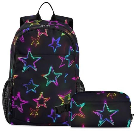 miaozhen Mochila con diseño de estrellas fluorescentes de color para niños con fiambrera, mochila escolar para niñas con lonchera de 10 a 12 años, Estrella fluorescente de color, 1 size, Mochilas