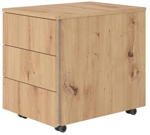 bümö lite Rollcontainer mit Schubladen, Container aus Holz in Asteiche - Rollwagen für's Büro als Schreibtisch Unterschrank, Bürocontainer od. Schreibtischcontainer mit Seitengriff