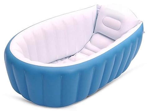 Baignoire Gonflable pour Bébé, Bassin Portable Pliable Bleu | Plastique, Fond Gonflé et Poche Latérale, Design Antidérapant et Inclinaison 45° pour Voyage