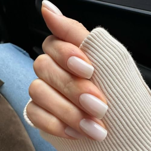 SXVME White False Nails Short Medium Square, Gel Press on Nails Coffin Medium Glossy Fake Nails Set Solid Color Acrylic Nail Natural Fit Reusable Stick on Nail for Women Daily Wear, in 24 Pcs