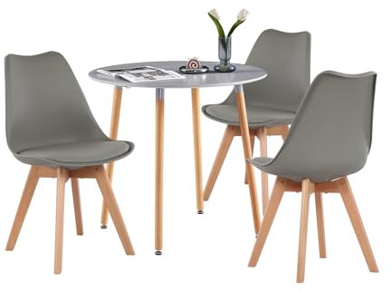 LafeuR Esstisch mit 3 Stühlen Essgruppen, Esszimmergruppe 80CM Runder Küchentisch und 3er Set Esszimmerstühle für Wohnzimmer Küche Büro(Grau Tisch+3 Grau Stühle)