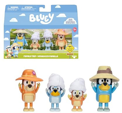 Bluey Family Trip BLYA0200 Lot de 4 Figurines articulées avec Amis préparés pour Les Aventures IR