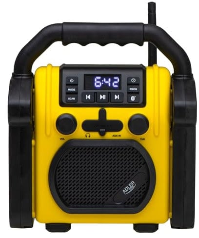 Adler AD 1911 – Baustellenradio mit Bluetooth V 5.1, Dual Power (Batterie & Netz), IPX54 Staub-/Wasserschutz, AUX & Kopfhöreranschluss, Robustes Design, 10W, Gelb/Schwarz