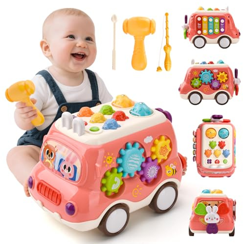 LTFIOON Baby Spielzeug ab 1 Jahr, Musikalischer Bus Kinderspielzeug mit Xylophon,Hammerspiel, Montessori Musik Spielzeug ab 1 2 Jahr, Mädchen Jungen Lernspielzeug Geschenke (Rosa)