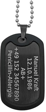 Dog Tag Personalisiert – Erkennungsmarke Edelstahl – Schwarz Kette Mit Namen – Gravur – Personalisierte Kette Herren – Militär Geschenke – 2 Mm Dick – Gravur – Set Mit Clip Und Gummi-Silencer