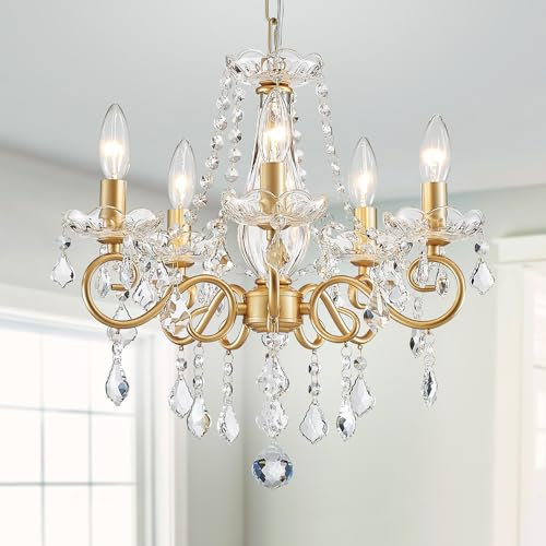 WUZUPS Kristall Kerze Kronleuchter Pendel Flushmount Deckenleuchte Moderne Beleuchtung für Schlafzimmer Flur Bar Küche Bad, H42 W43, Gold, E14 Base