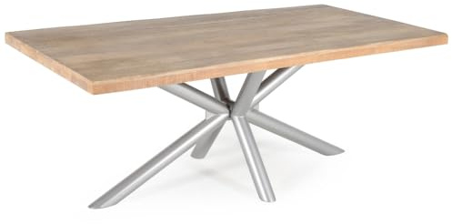WOLF MÖBEL WOOD YOU LIKE live Edge Esstisch Massivholz Mango Latte, Plattenstärke 55mm, Tischfuß Eisen Memphis Round 75x75mm Silber (160 x 90)