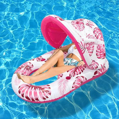 Aufblasbares Pool Luftmatratze für Erwachsene 140*90cm,Wasserhängematte Mit abnehmbarem Sonnendach,schwimmendem Loungesessel mit Getränkehalter und Fußstütze,Für Sommerpool,Strand,See &Partys