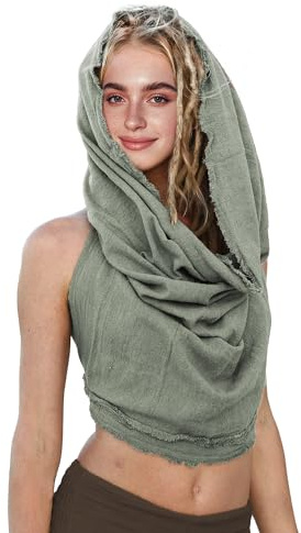 Dune Style Womens Crop Tank Top Neck Halter Hood Boho Open Back Sleeveless Cross Wrap Swim Cover Up mit Washed, und Raw-edge-Techniken 100% Baumwolle (Olive green)