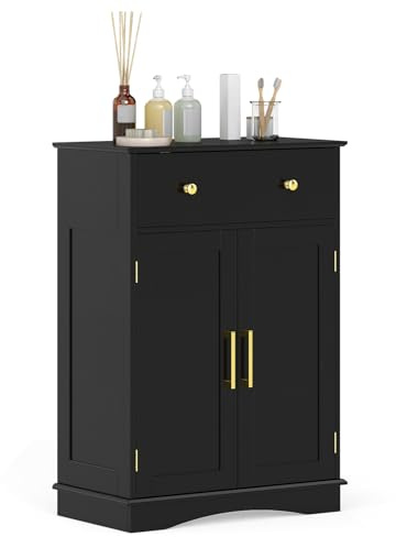 Multigot Bathroom Floor Cabinet, Freestanding Double Door Storage Cupboard with Drawer and Adjustable Shelf, Wooden Corner Side Cabinet Multifunctional Storage Organizer Unit (Golden Handles, Black)
