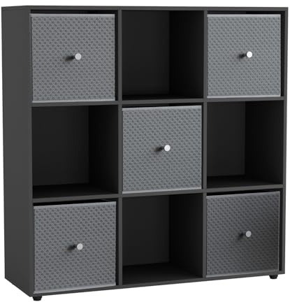 URBNLIVING 9 Cube Storage Unit with 5 Foldable Fabric Drawers, Wooden Freestanding Bookcase Shelf Organiser, Modern Cube Shelving for Bedroom, Office, Living Room, Toys, Clothes & Books
