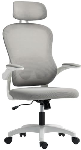 HOMCOM Bürostuhl Ergonomischer Schreibtischstuhl mit Hochklappbaren Armlehnen, Verstellbarer Lendenwirbelstütze und Kopfteil, Höhenverstellbarer Drehstuhl mit Wippfunktion, Netzbespannung Grau