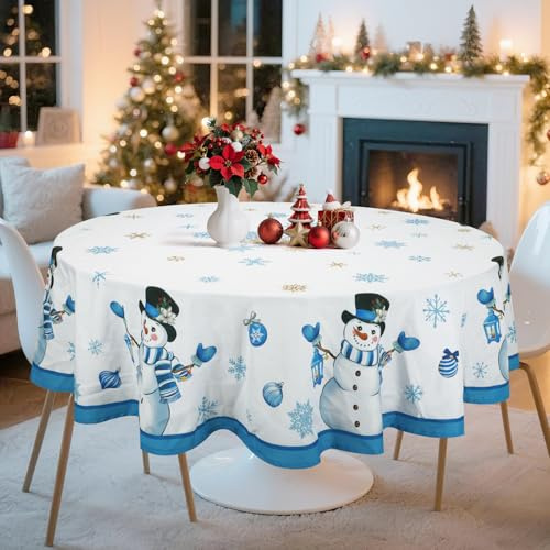 Arquiel Weihnachten Schneemann Polyester Tischdecke Rund Ø 180 cm Waschbar | Waschbare Polyester-Tischdecke mit Schneemann-Motiv, wasserabweisend und pflegeleicht für Küche, Esszimmer, Feste und Feiern.