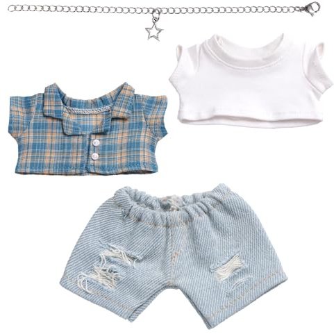 Stylisch Puppenkleidung-Set, 15cm & 17cm Puppen-Outfits Denim-Jeans T-Shirt Karo-Mantel Halskette Niedliches Plüsch-Zubehör für Fans Sammler